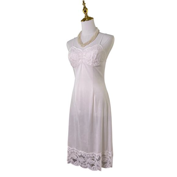 Vintage 60s Perlon Creamy White Nylon Lacy Retro Pinup Full Slip Dress Size S/M - Picture 6 of 15